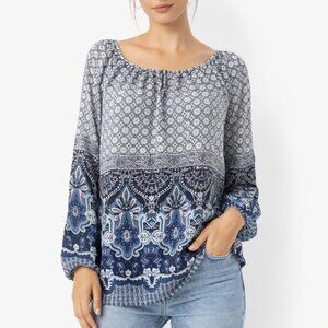 Dressbarn Blouse Woman 1X Blue White Paisley Medallion Peasant Long Sleeve Top